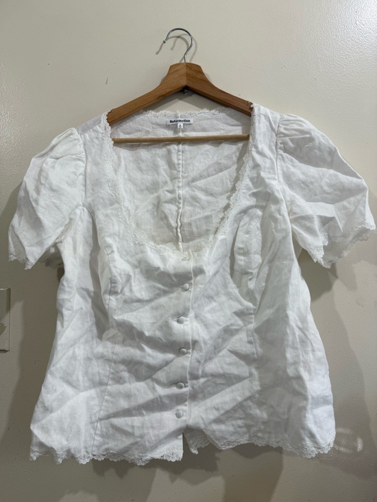 Reformation Tops - Reformation White Linen Scoop-Neck Button Blouse with Puff Sleeves